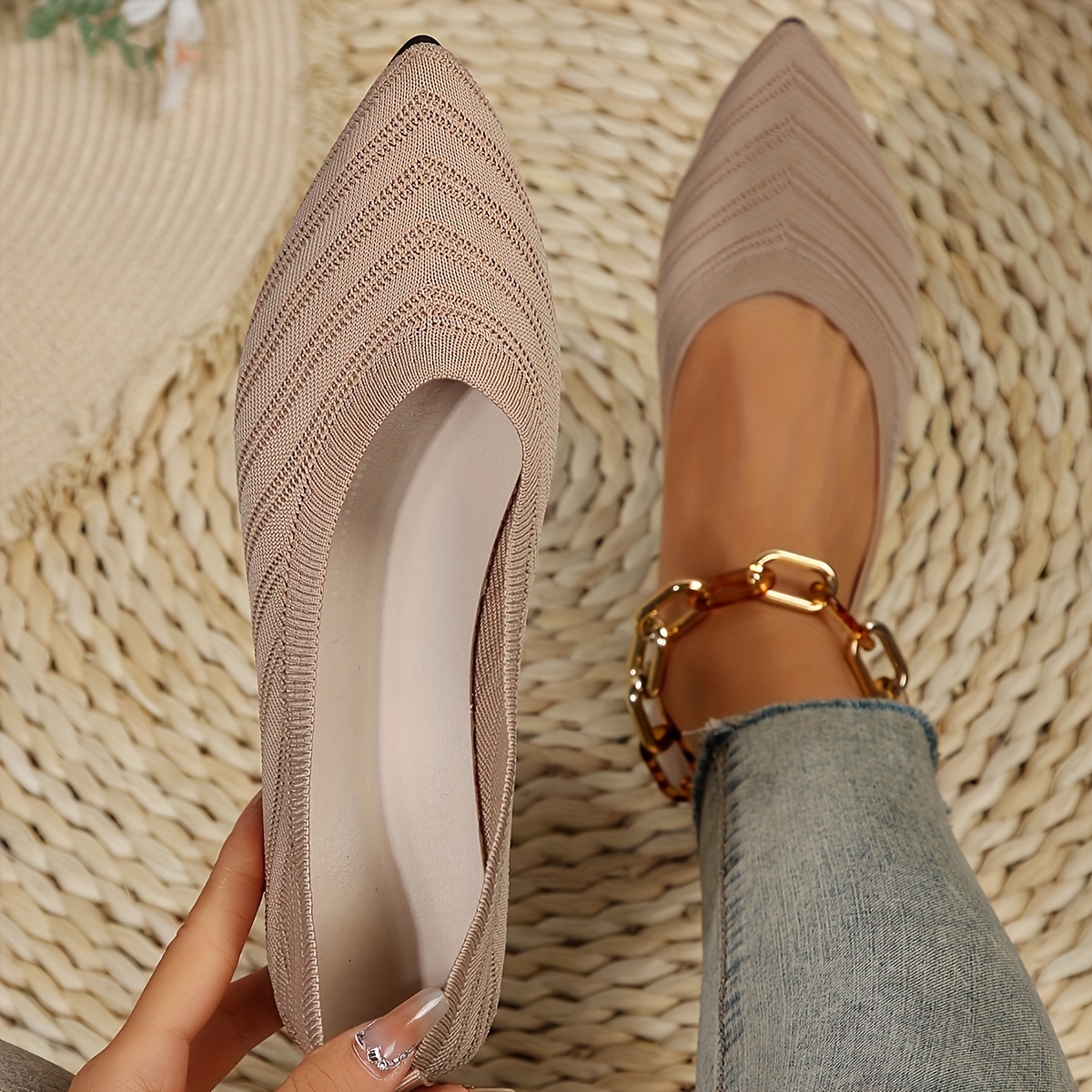 Women's Pointed Toe Flat Shoes - Solid Color Knitted Slip On Shoes - Casual Breathable Ballet Flats