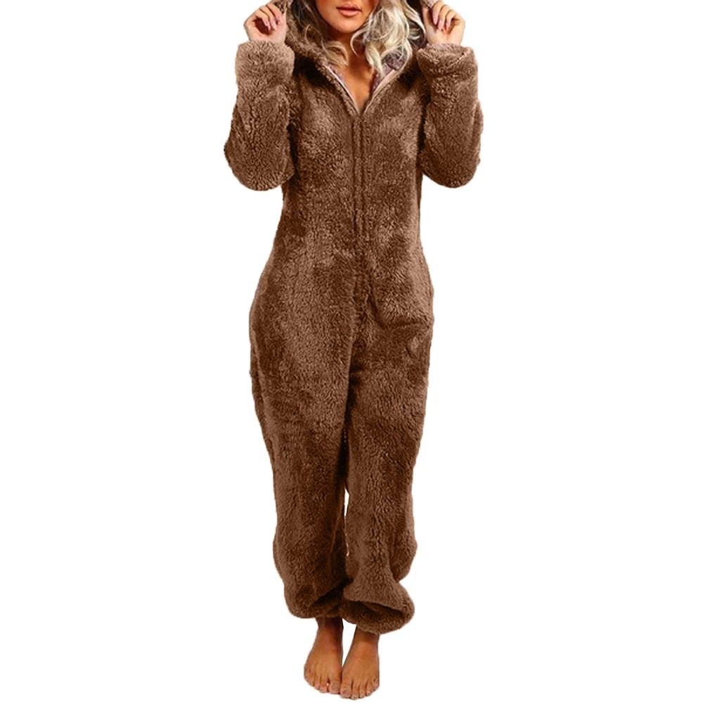 Womens Plush Flannel Pajama Romper Hooded Long Sleeve Winter Sleepwear Onesie