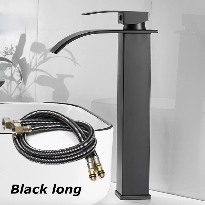 Matte Black Waterfall Bathroom Faucet with Hot & Cold Supply Lines