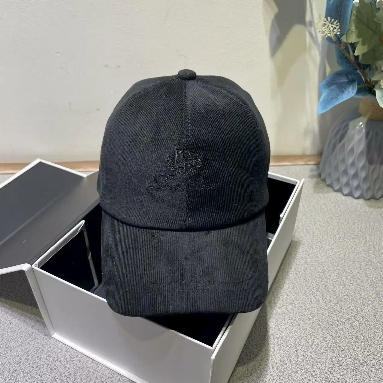 Ribbed Velvet Embroidered Letter Baseball Cap with Adjustable Velcro Fit
