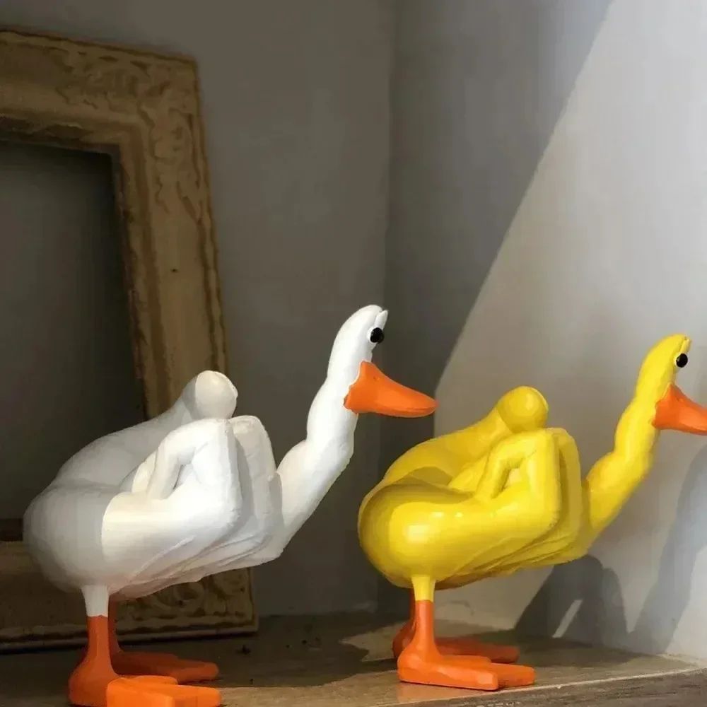 Funny Middle Finger Duck Statue – Cute Resin Duck Figurine Desk Decor with Storage Accent
