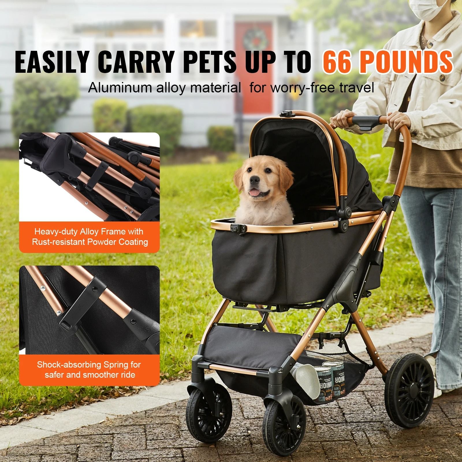Foldable Pet Stroller with Brakes and Detachable Carrier for Small to Medium Dogs up to 66 lbs