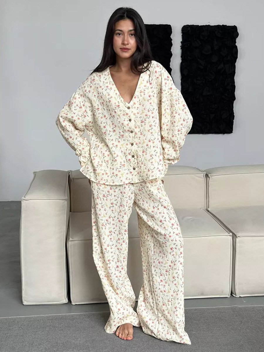 Women's New Autumn Muzuleva Cotton Printed Cardigan Pajama Set, Long Sleeved Pants Pajamas, Loose Home Clothing Set