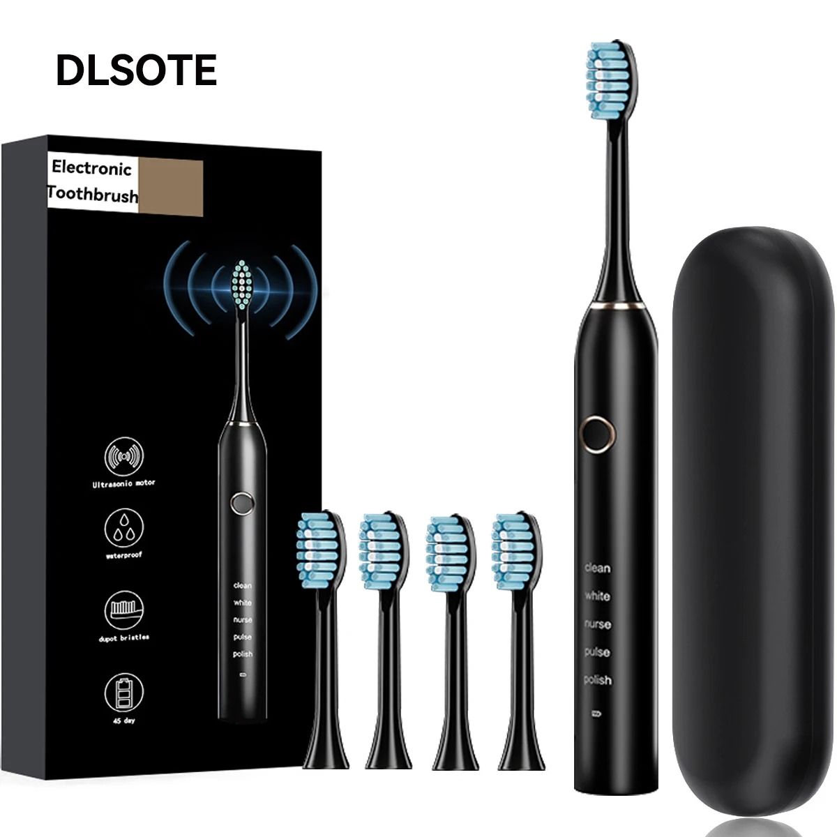 Rechargeable Sonic Electric Toothbrush with 4 Replacement Heads 5 Modes 3 Intensities and Smart 2 Minute Timer