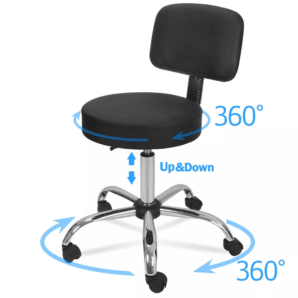 Adjustable Black Rolling Medical Spa Salon Stool With Backrest Cushion, Swivel Chair for Tattoo, Facial, Massage