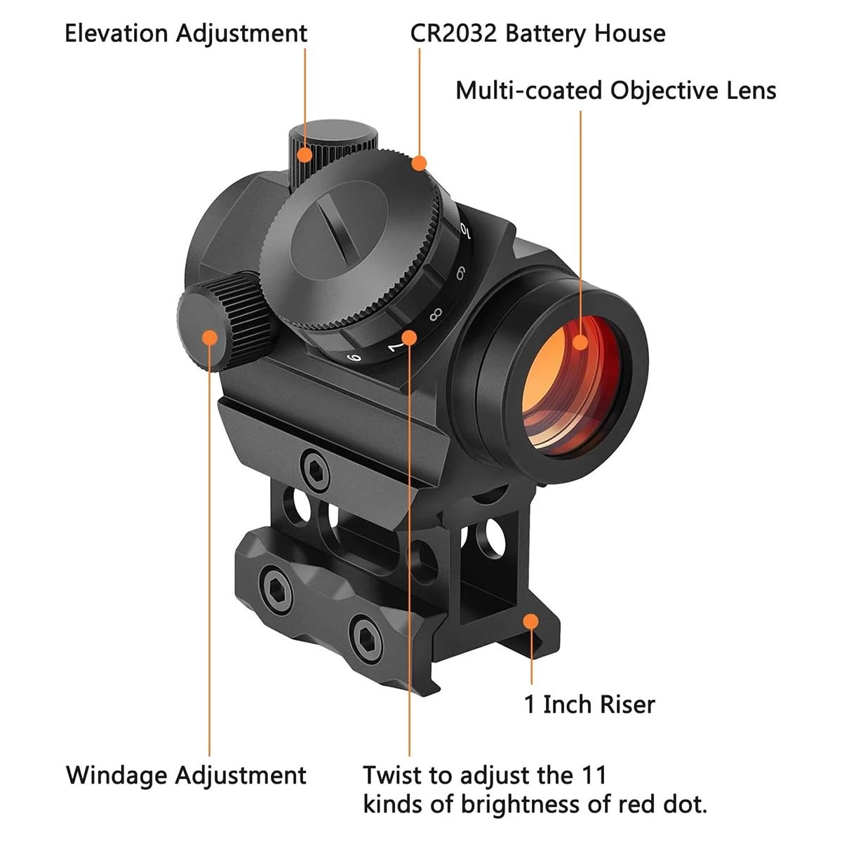 2MOA Red Dot Sight 1x25mm Reflex Scope with Riser Mount