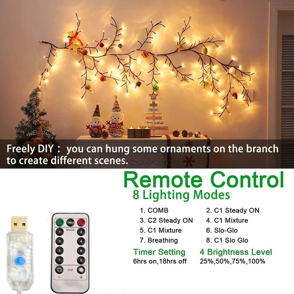 USB Willow Vine LED Branch Lights – Flexible DIY Wall Decor with 8 Lighting Modes