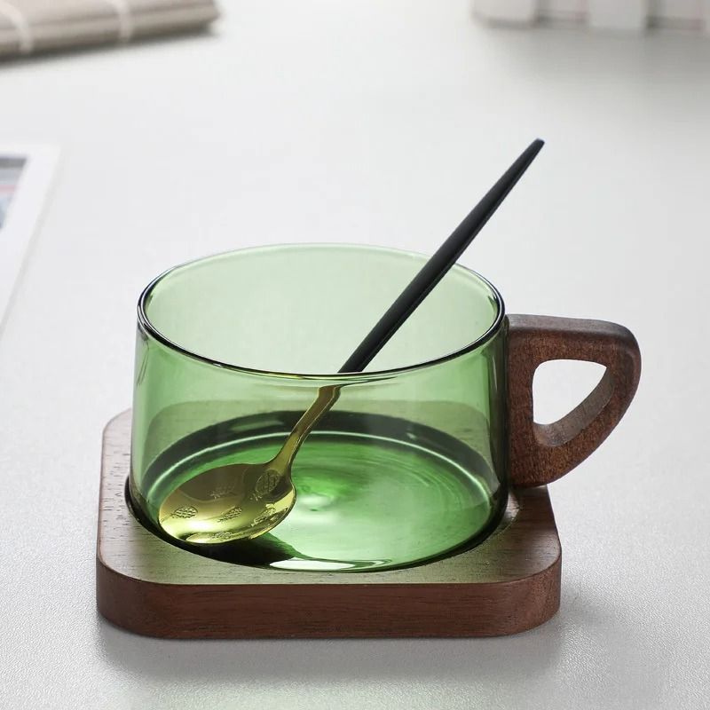 Glass American Latte Coffee Cup with Wooden Tray