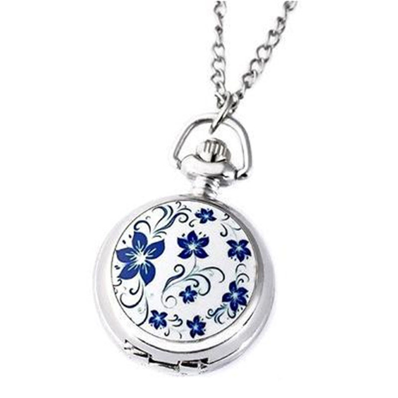 Vintage Lotus Blue Flower Pocket Watch Necklace for Women and Men Quartz Antique Silver Timepiece
