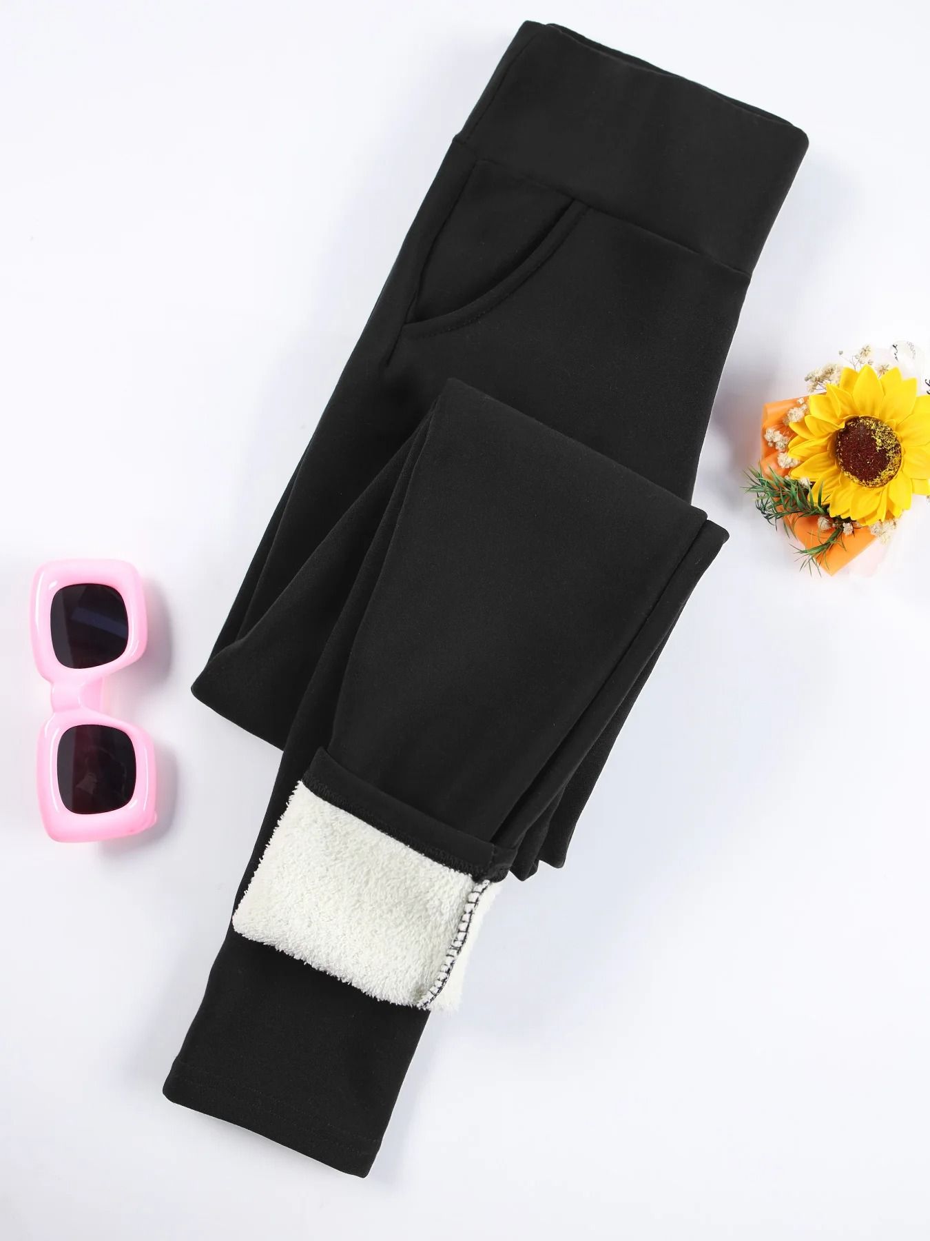 Women Velvet Fleece Leggings with Pockets Warm Winter Stretch Pants