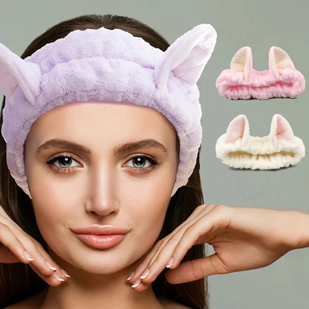 Cute Cat Ear Coral Fleece Headband, Plush Bow Hairband for Women & Girls
