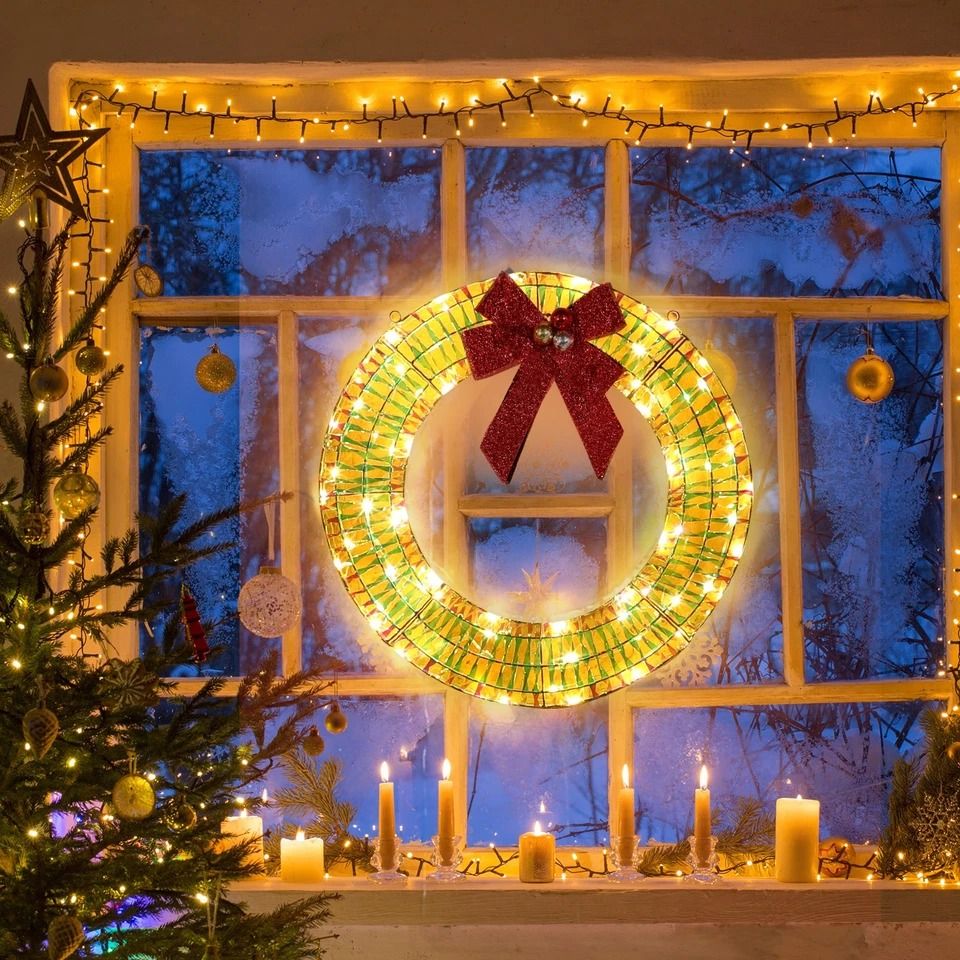 Pre-Lit Christmas Wreath with Warm White LED Lights and Red Bows Perfect for Indoor & Outdoor Holiday Decor