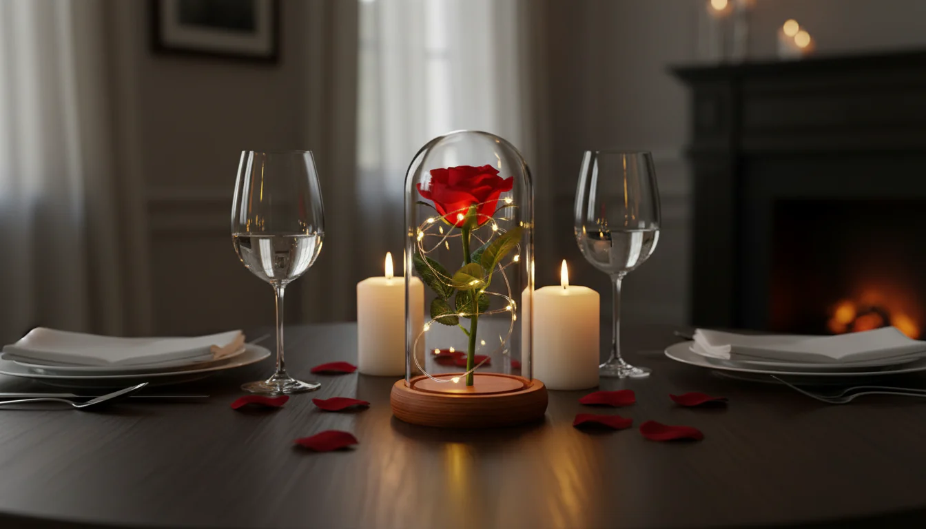 Red Rose in Glass Dome with Wooden Base & LED Lights