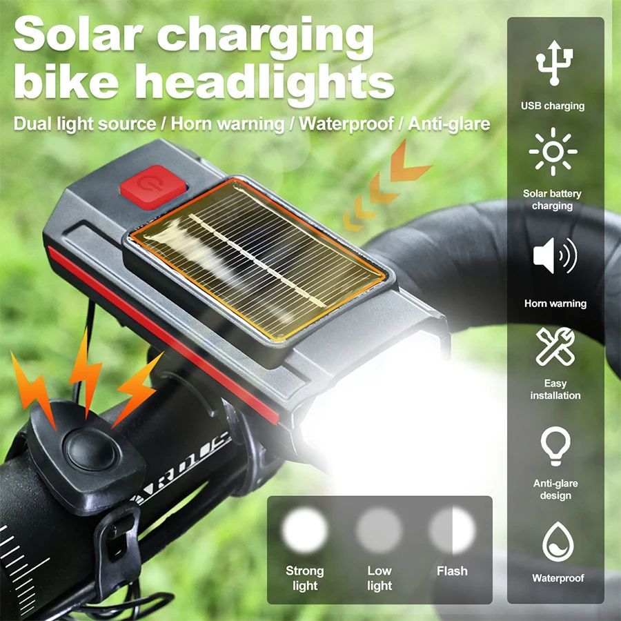 Solar Bicycle Light with Horn, TYPE-C Rechargeable MTB Road Bike Front Lamp & Flashlight with Battery