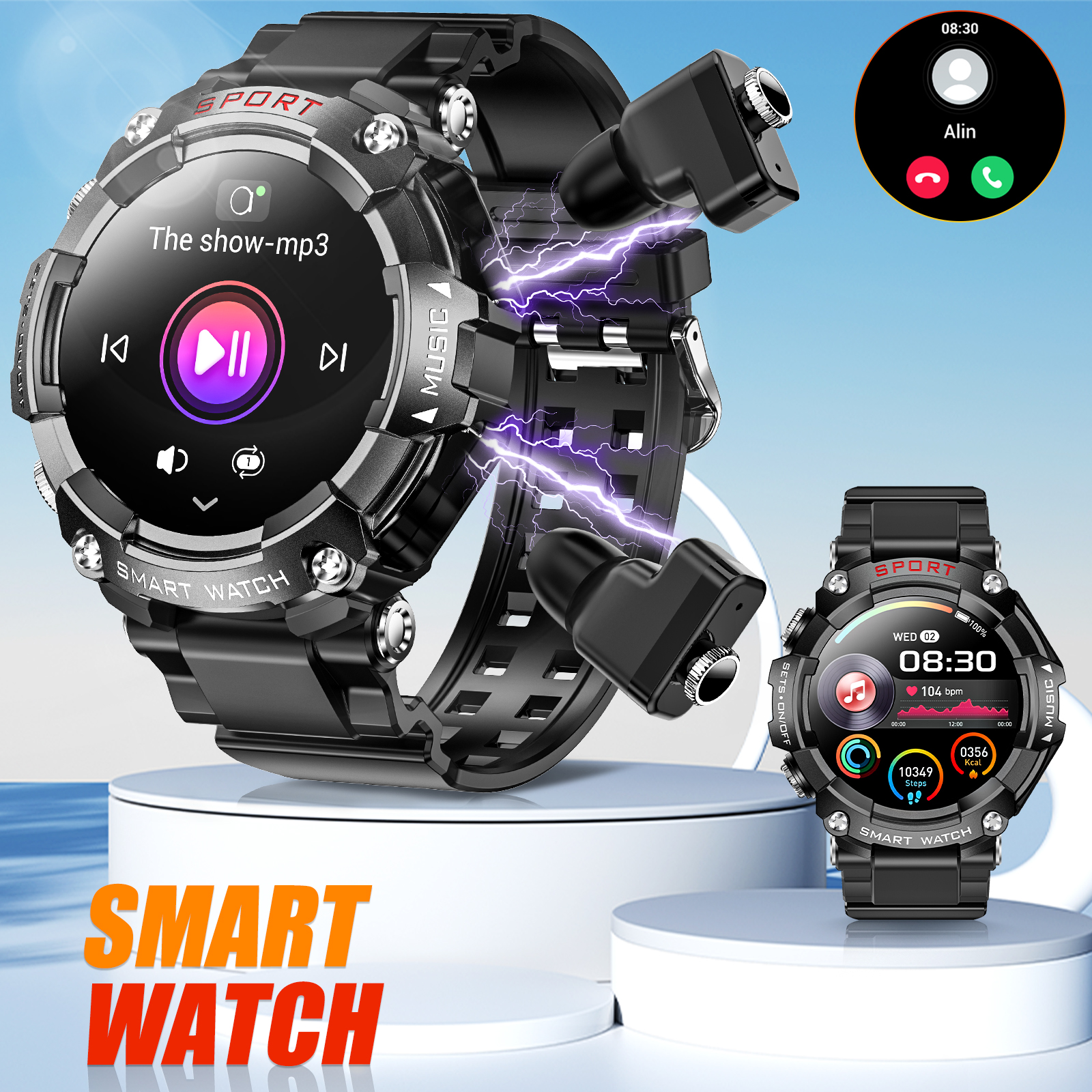 AMOLED Display Smart Watch with In-Ear Bluetooth Headset, Heart Rate, Blood Pressure, Oxygen Saturation, HD Audio