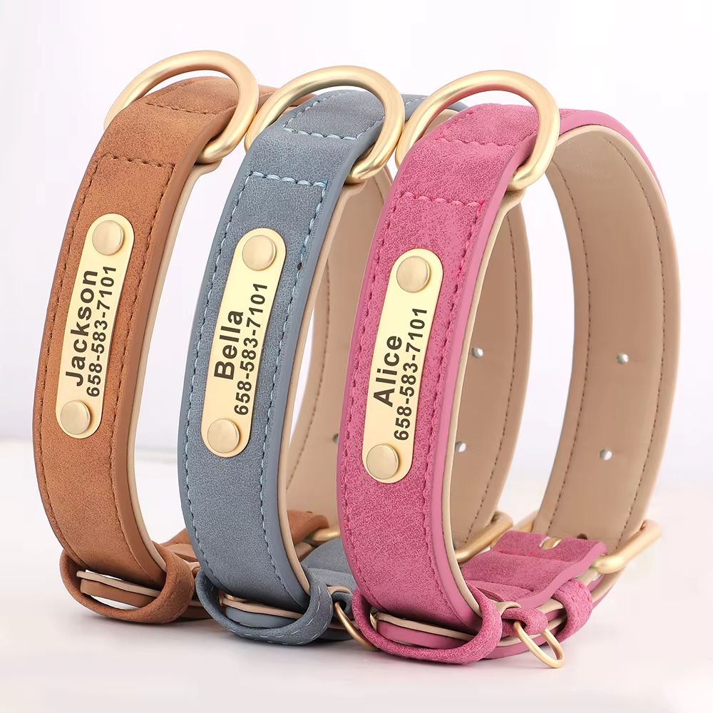 Custom Engraved PU Leather Dog Collar with Personalized ID Nameplate