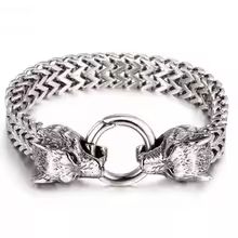 Viking Wolf-Head Stainless Steel Bracelet – Nordic Wolf Head Personality Trendy Men's Accessory