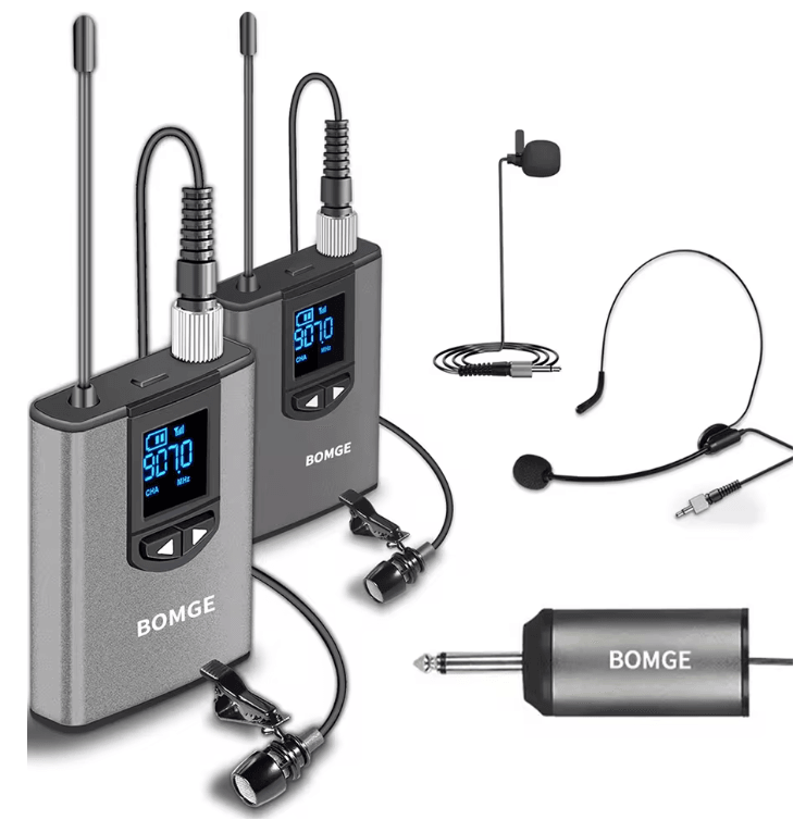 BOMGE Dual Wireless Microphone System with Headset and Lavalier Mics