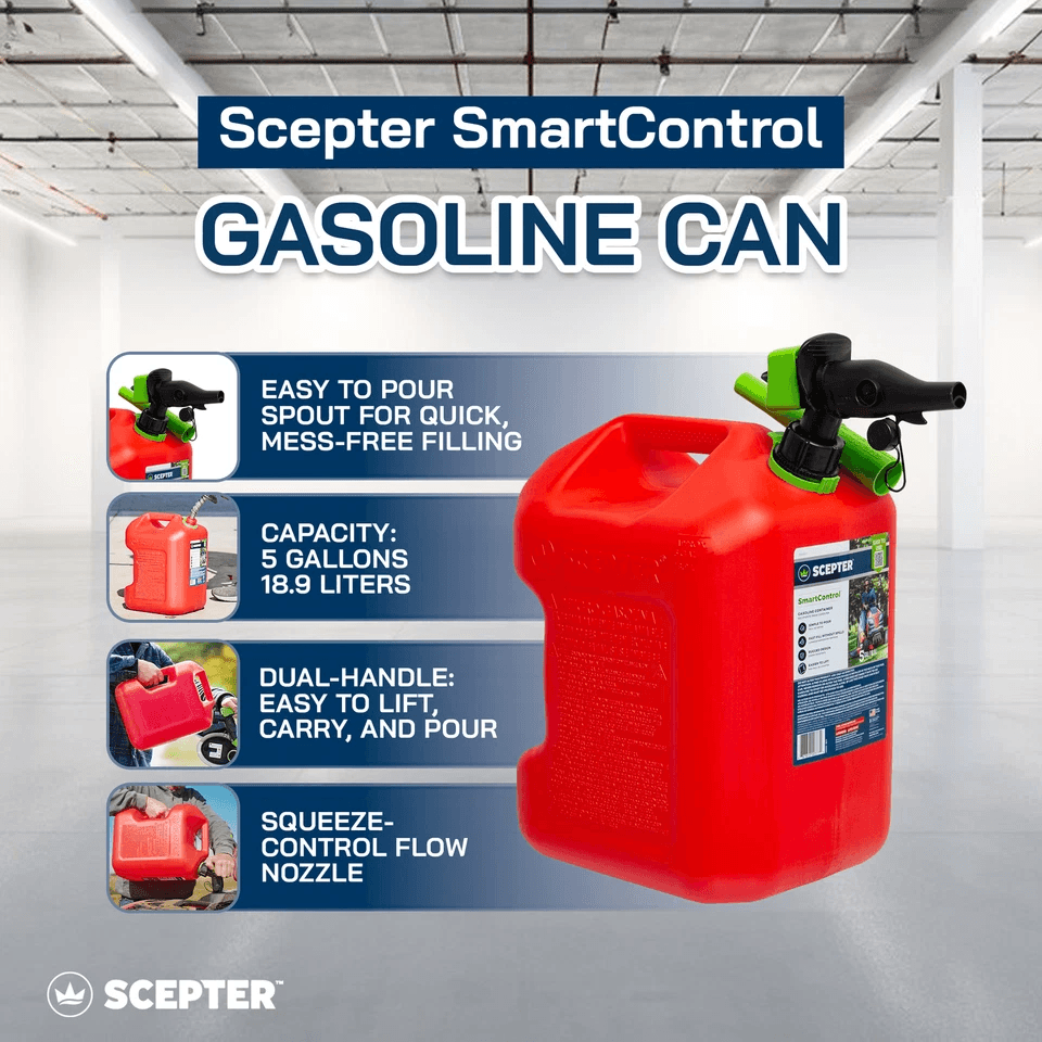 Scepter Smart Control 5 Gallon Gasoline Can Jug with Dual Handles Capless Funnel Spill-Proof Fuel Container for lawn