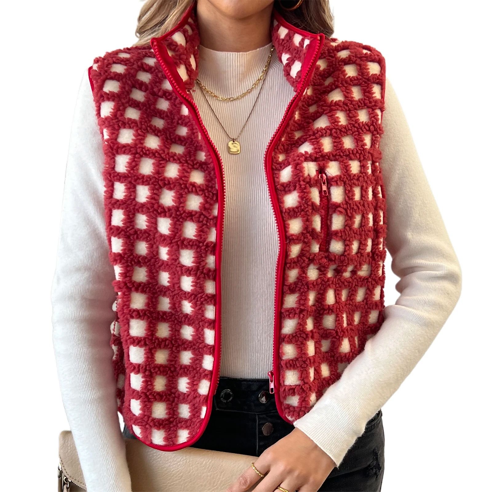 Womens Fuzzy Checkered Vest Zip Up Sleeveless Jacket Vest Warm Stand Collar Casual Outwear