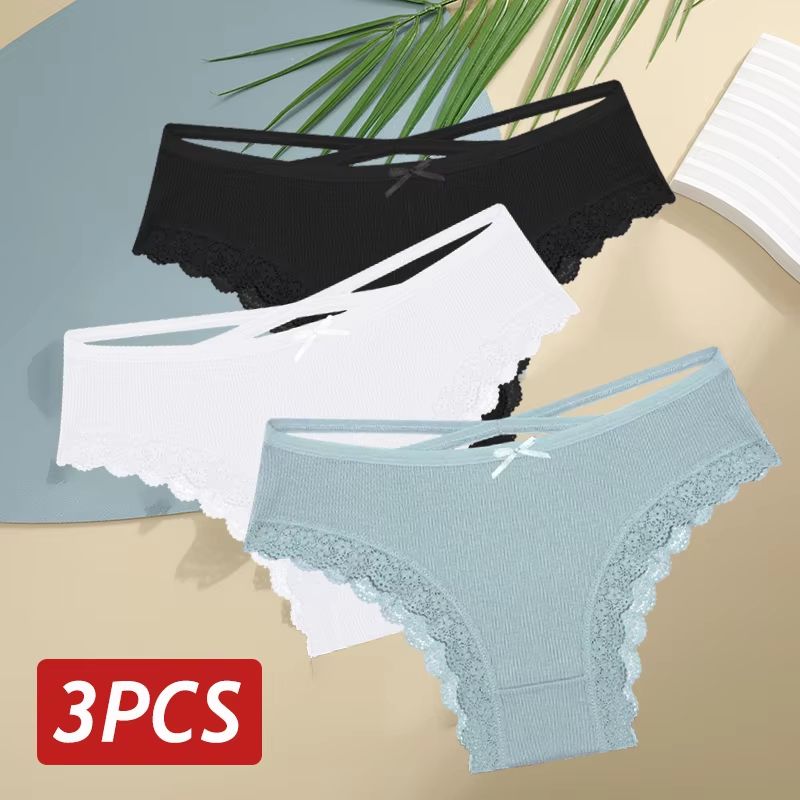 Women's 3-Piece Cotton Low-Rise Lace Brazilian Panties Set Breathable Soft Underwear S-XL