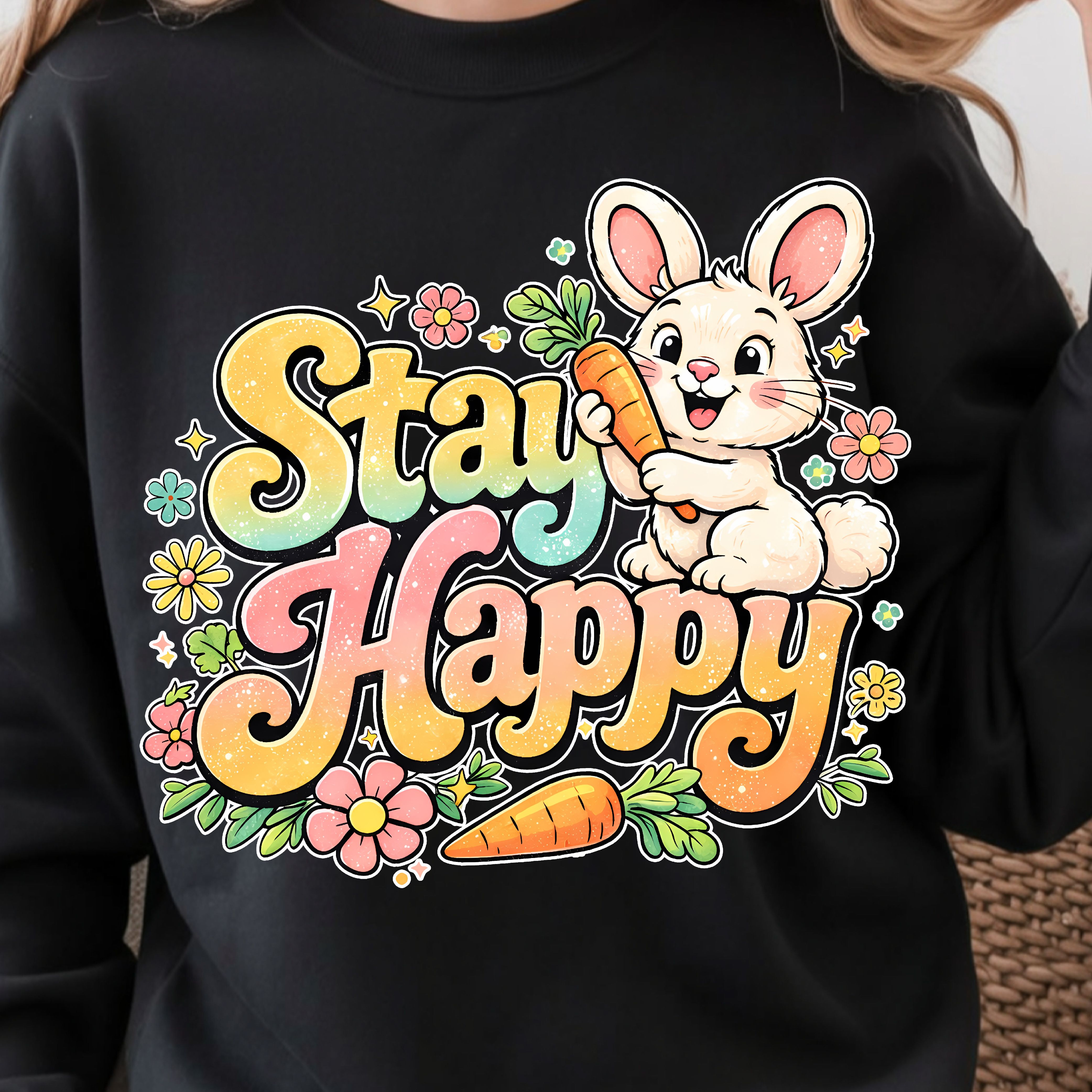 Stay Happy Shirt – Happy Bunny with Carrots Easter Tee