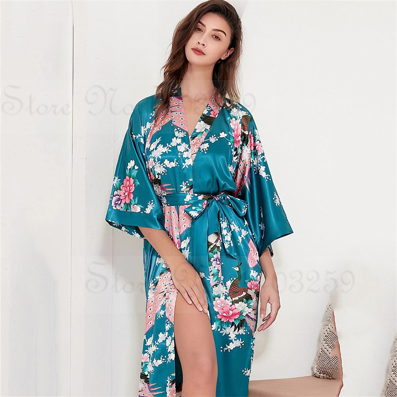 Women Satin Long Robe, Sexy Wedding Bride Bridesmaid Gown, Oversize Bathrobe with Pockets, Loungewear Homewear Dressing
