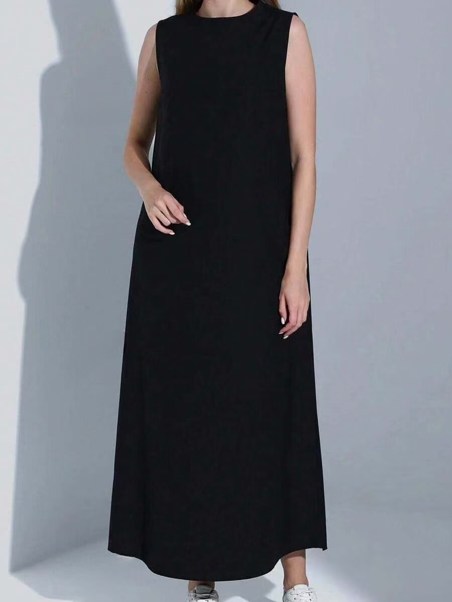 Women Dress Casual Vest Loose Draped Straight Skirt Round Neck