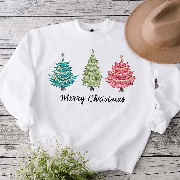 Merry Christmas Sweatshirt Colorful Trees Cute Holiday Crewneck Pullover