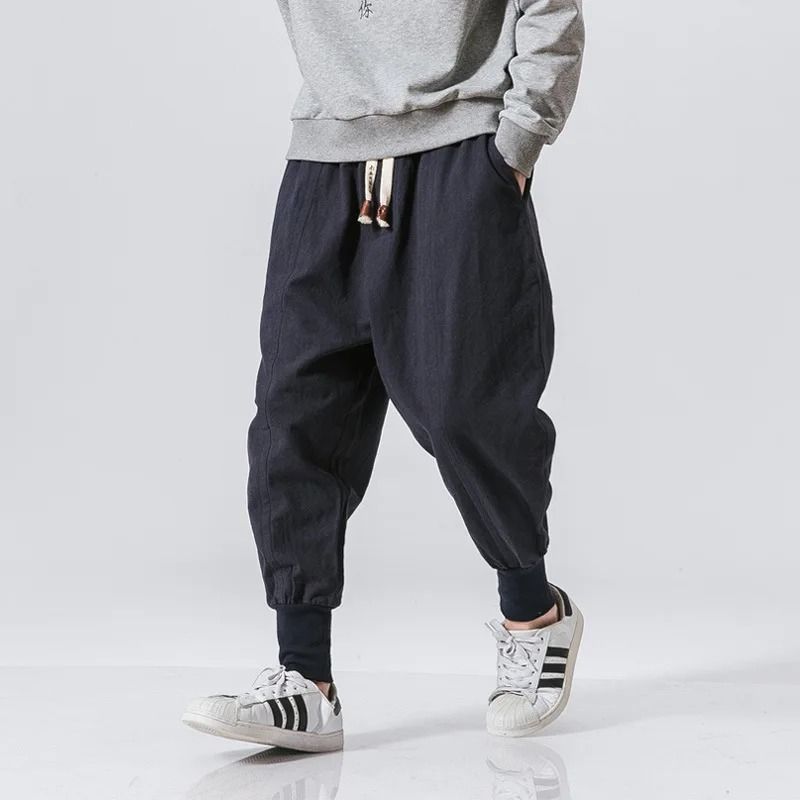 Mens Cotton Linen Harem Pants Casual Baggy Drop Crotch Joggers with Elastic Waist