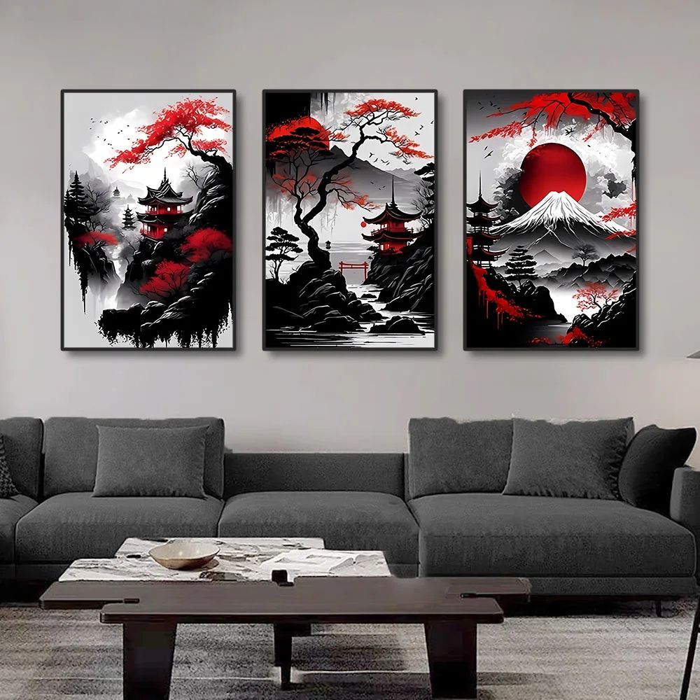 Vintage Japanese Landscape Wall Art Set of 3 Canvas Prints for Home Decor