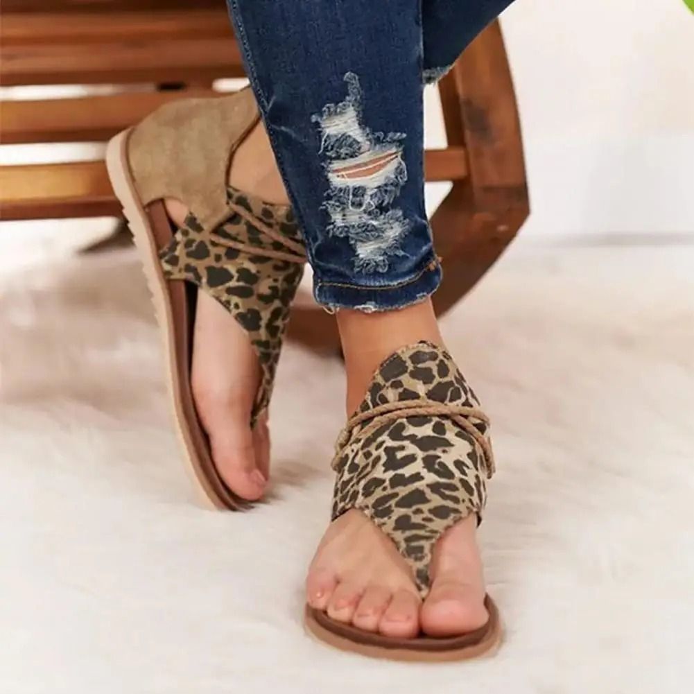 Back zipper open toe beach sandals leopard patchwork flats for women