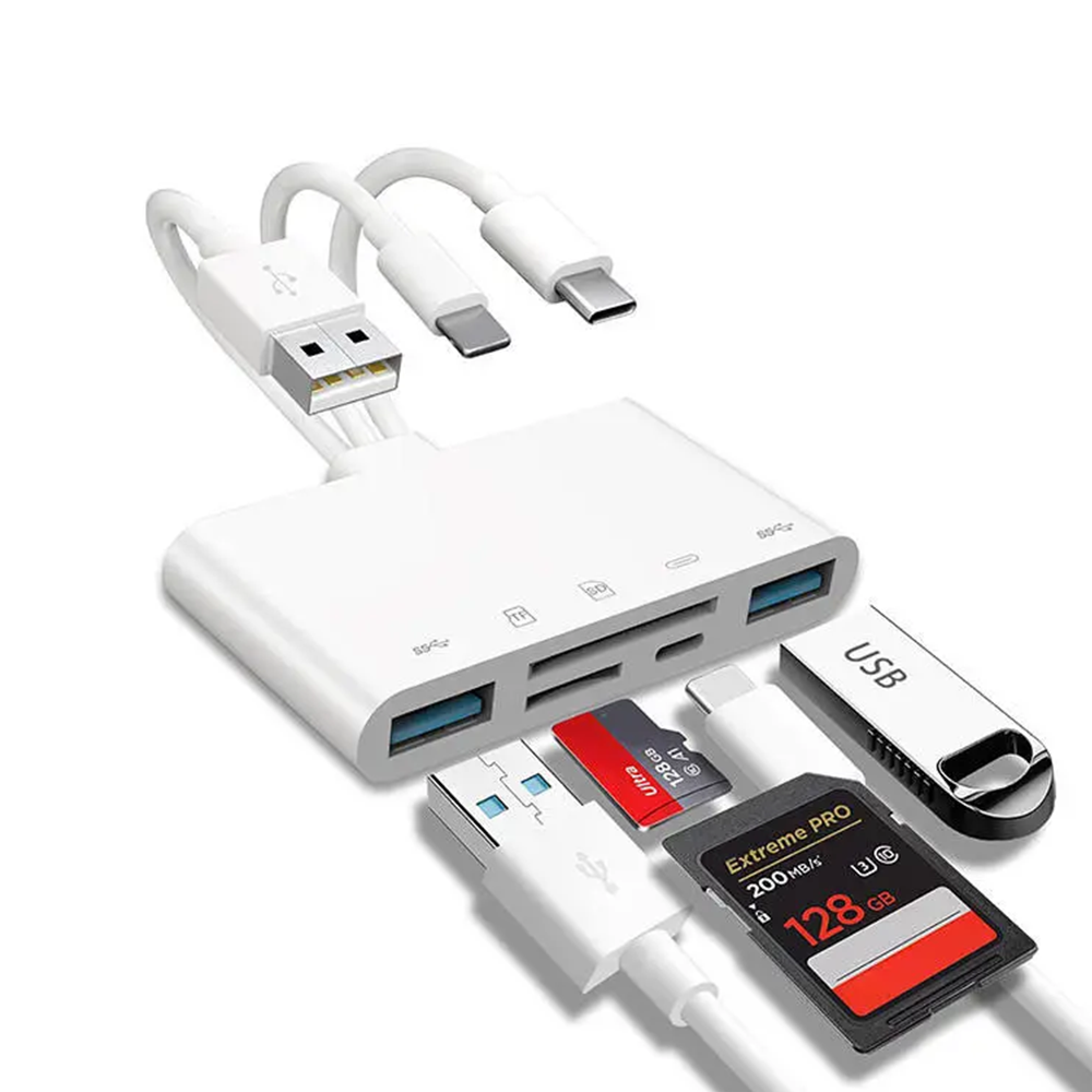 USB3.0 Type C Ligting OTG Camera Adapter, 8 in 1 Universal Card Reader, SD TF Slots, Android iPhone iPad External Instal