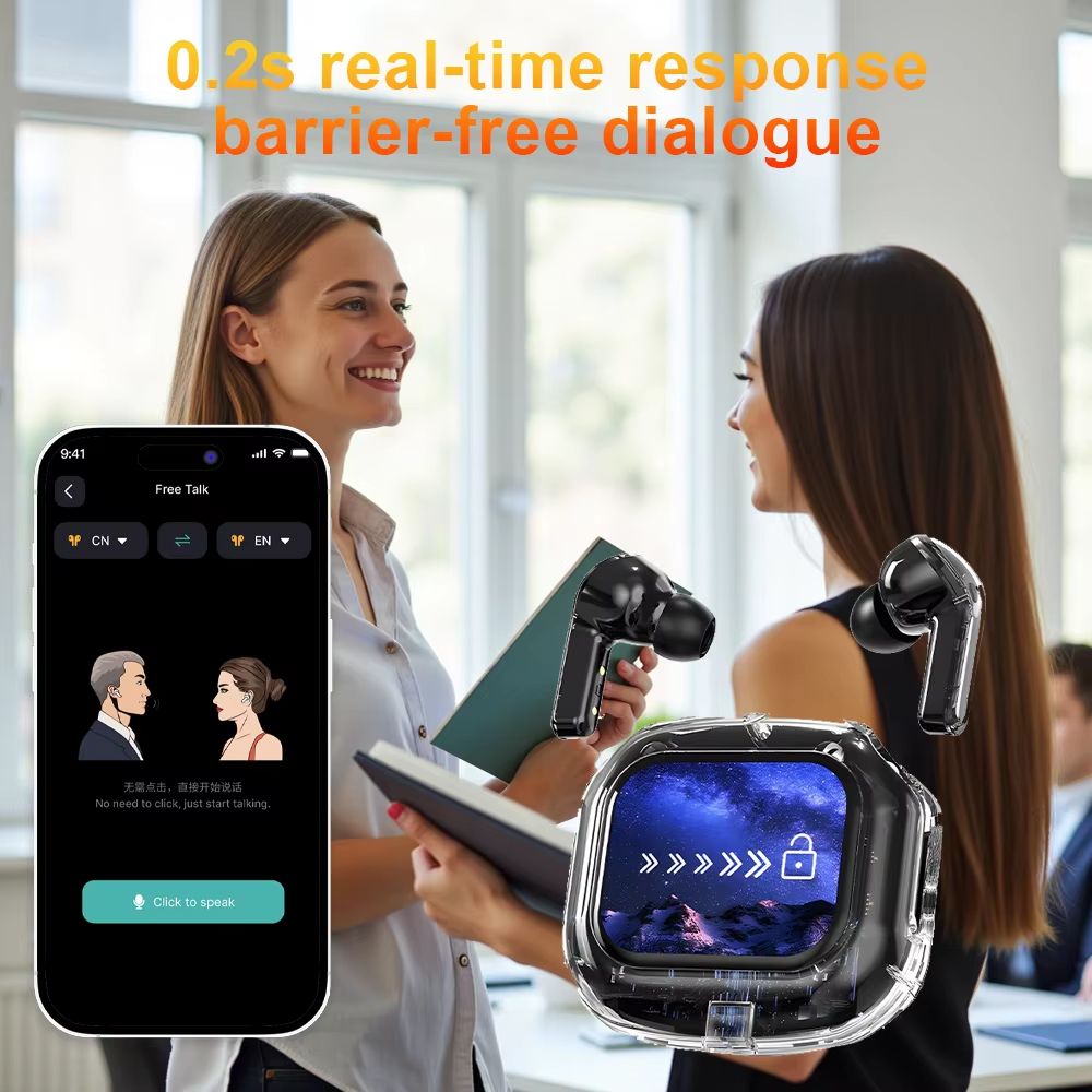Smart Translation Touch Bluetooth Headphones – Wireless HiFi Earbuds with Real-Time Voice Translation & Touchscreen Cont