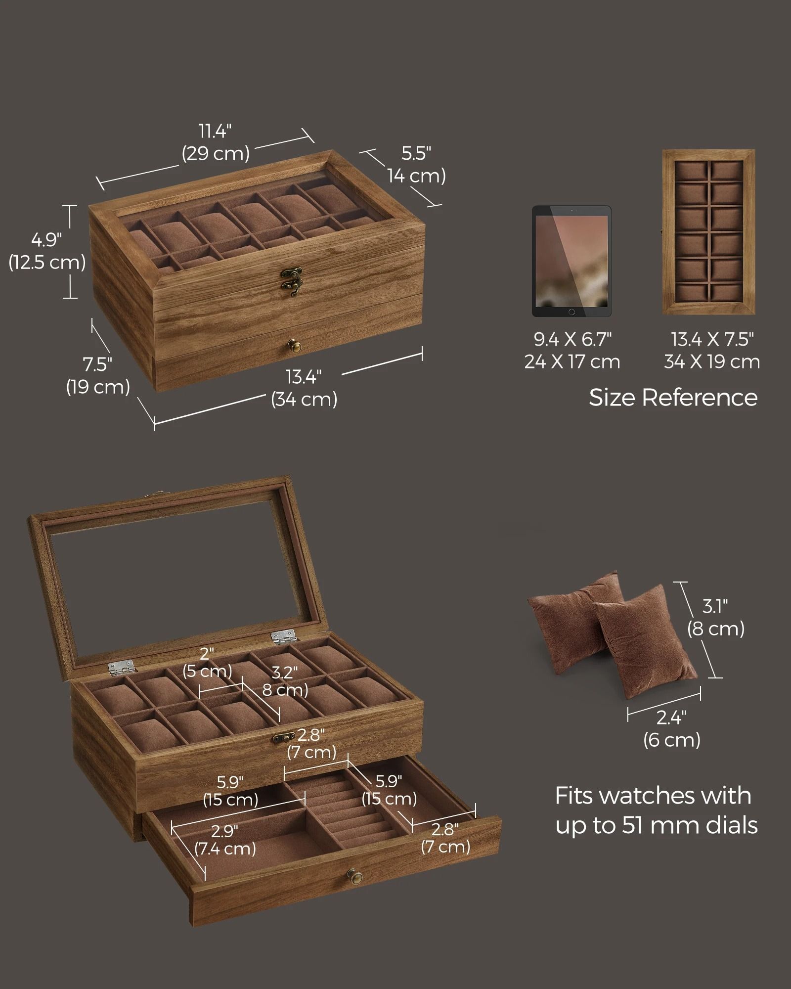 Two Tier Watch Box with Glass Lid Velvet Lining and Removable Pillows