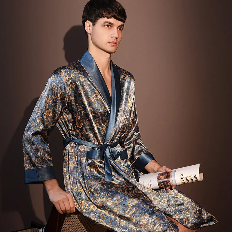 IceSilk Luxe Mens Lightweight Summer Robe – Breathable Printed Bathrobe & Loungewear