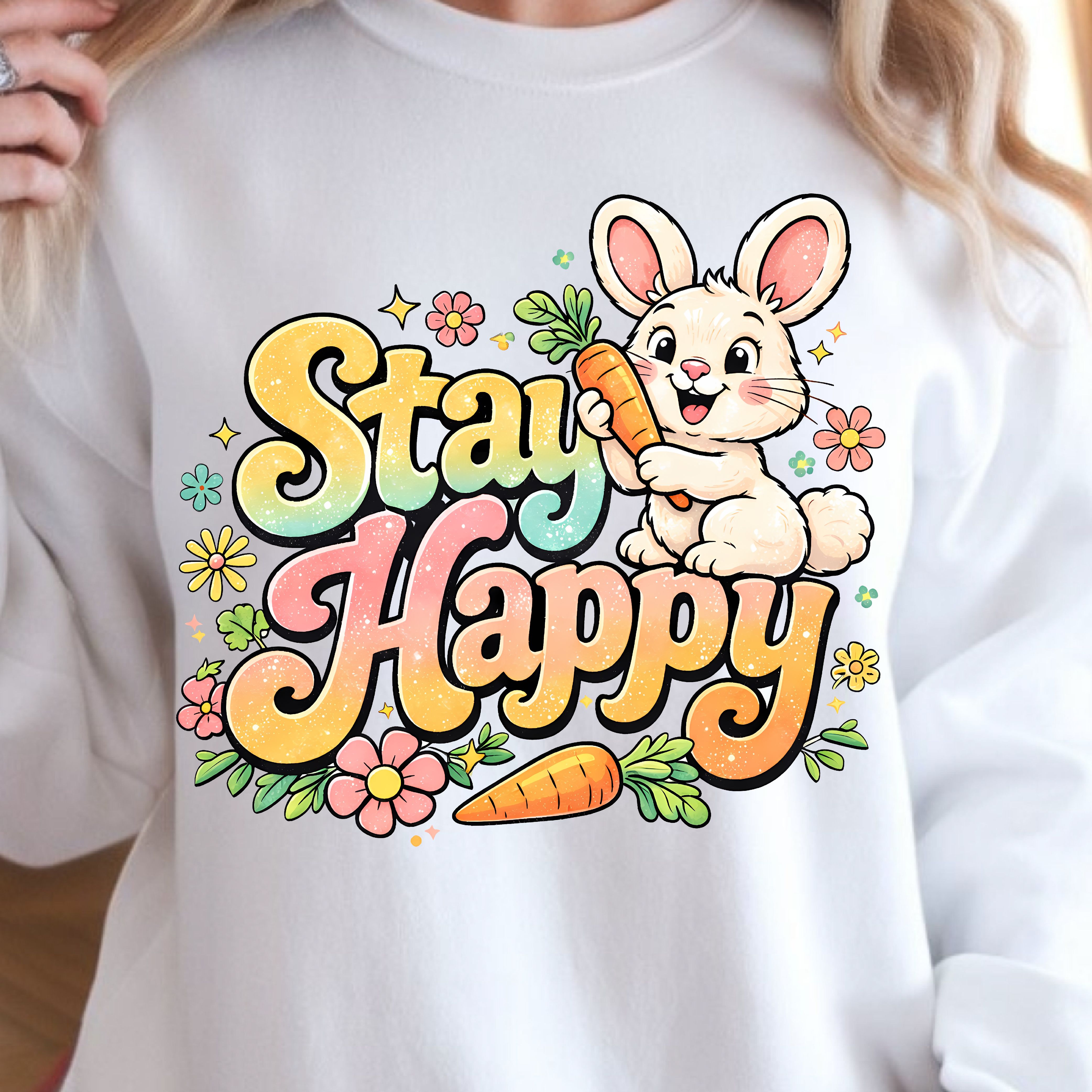 Stay Happy Shirt – Happy Bunny with Carrots Easter Tee