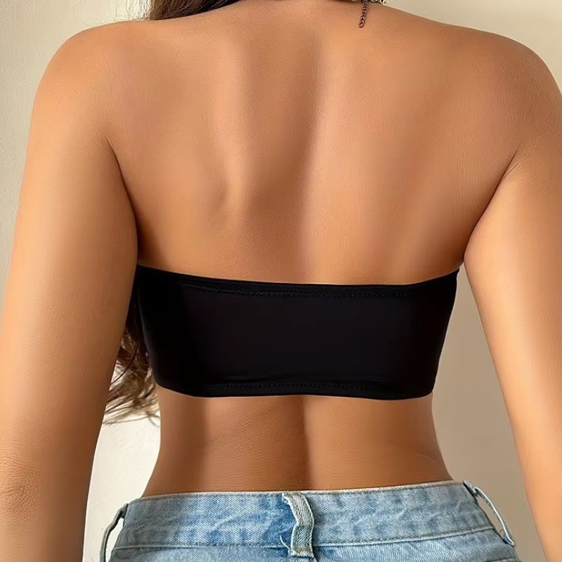 Women's Black Front-Buckle Wireless Strapless Ice Silk Bra with Removable Padding