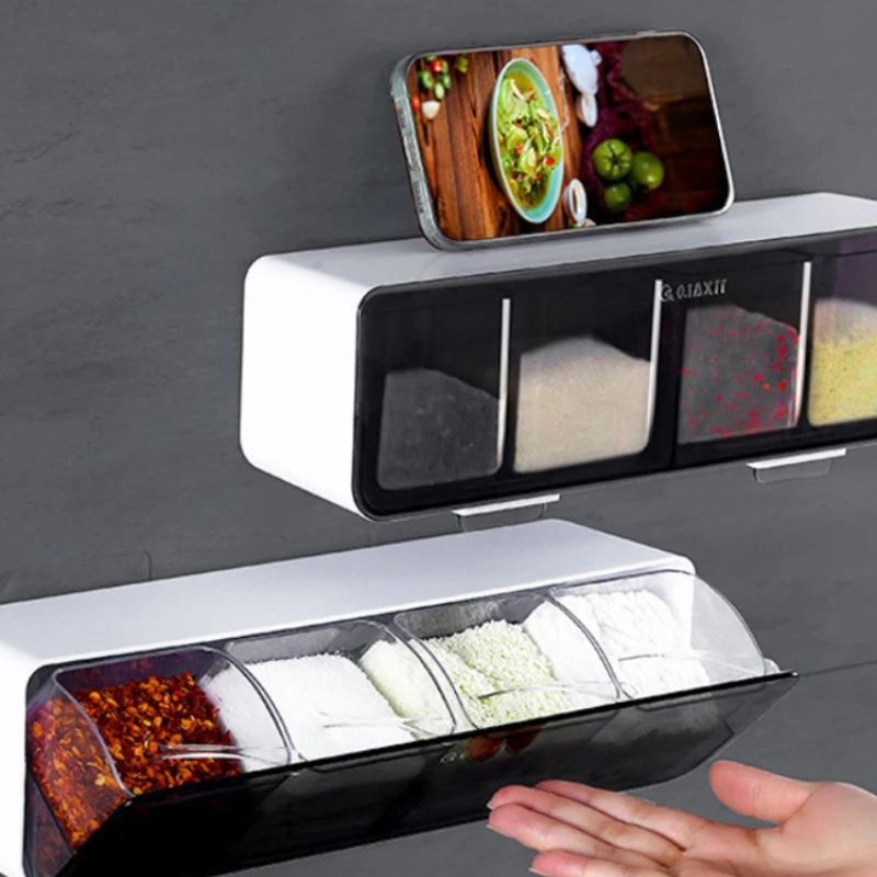Wall-Mounted Spice Organizer Box with Spoon – No-Drill Seasoning Storage Rack Kitchen Gadget