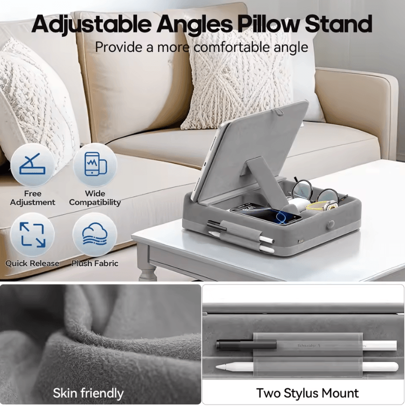 Foldable Tablet Pillow Stand with Storage – Adjustable iPad Holder for Bed, Lap & Desk