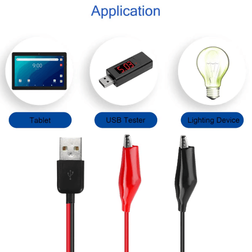 Alligator Clip to USB Cable – Copper Test Lead Power Supply Connector (Type-A Male)