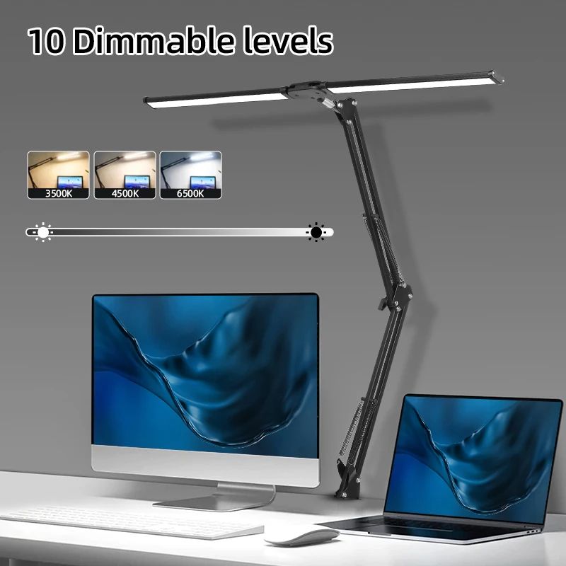 Double Head LED Desk Lamp USB Powered, Stepless Dimmable Monitor Light for Office Study Reading Computer Table Lighting