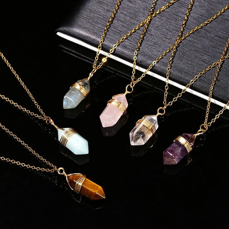 Natural Pink Quartz Amethyst Hexagon Column Pendant Necklace