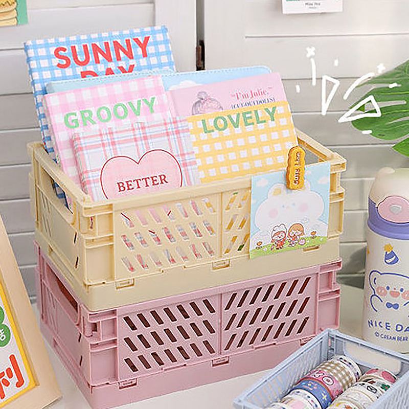 Plastic Folding Storage Box, Collapsible Crate, Home Use Basket, Desktop Holder, School Desk Storage Box