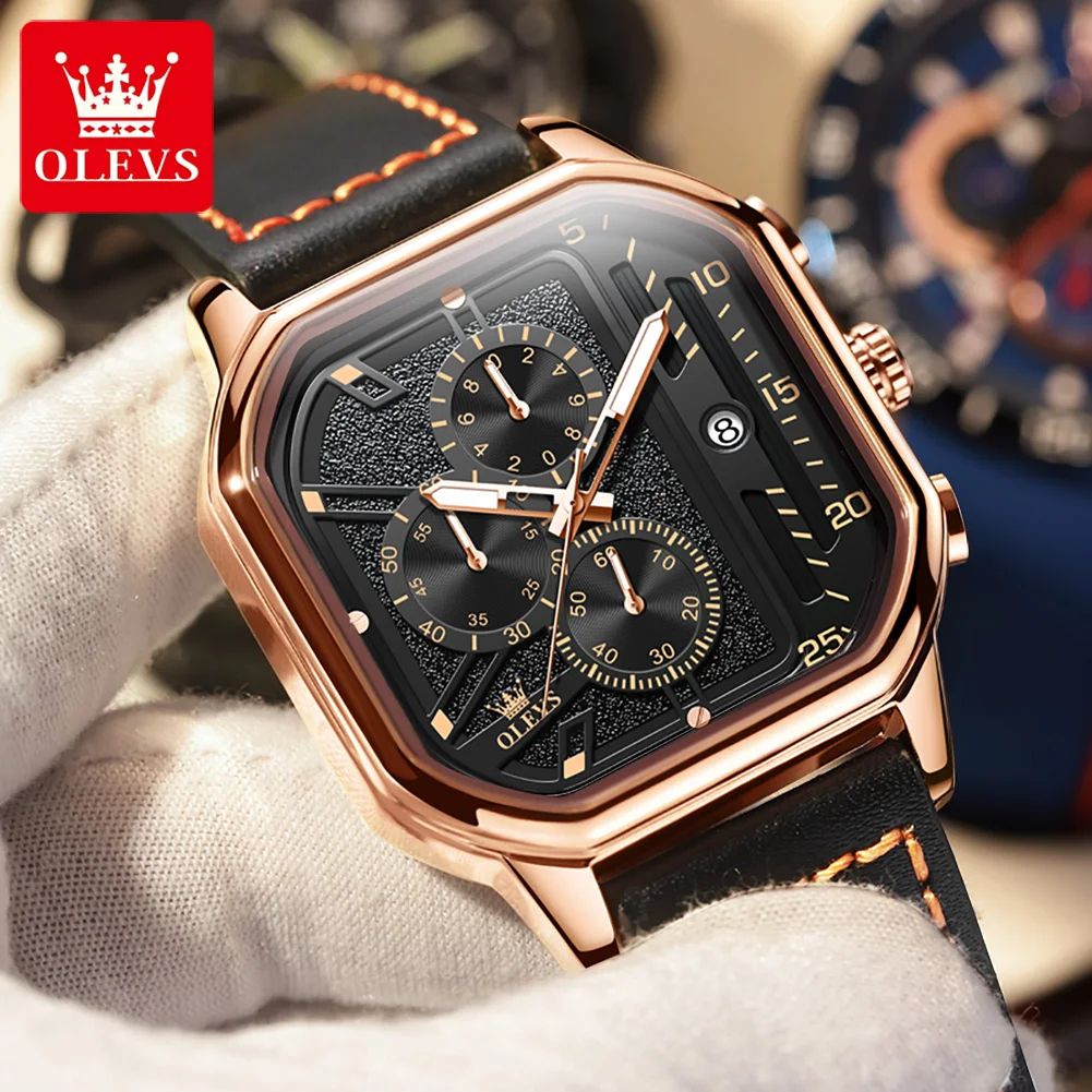 OLEVS 9950 Luxury Square Chronograph Men's Quartz Watch with Luminous Leather Strap