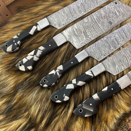 Premium Damascus Steel Kitchen & Hunting Knives – 5 Pc Set