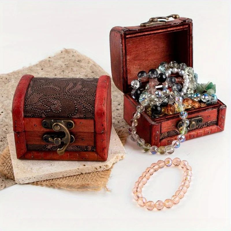 6 Pcs Vintage Wooden Jewelry Boxes w/ Lock - Mini Treasure Chest Ring & Keepsake Storage, Stackable Red & Black