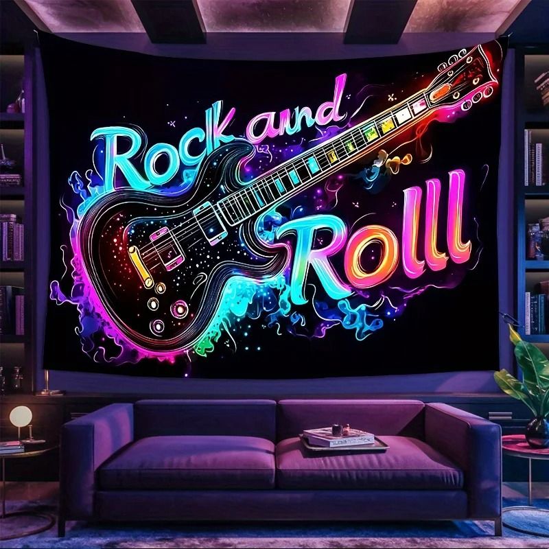 VIKAMA Neon Rock Guitar Tapestry | Electric Music Theme Wall Hanging | Trendy Cool Atmosphere Decor for Bars & Studios