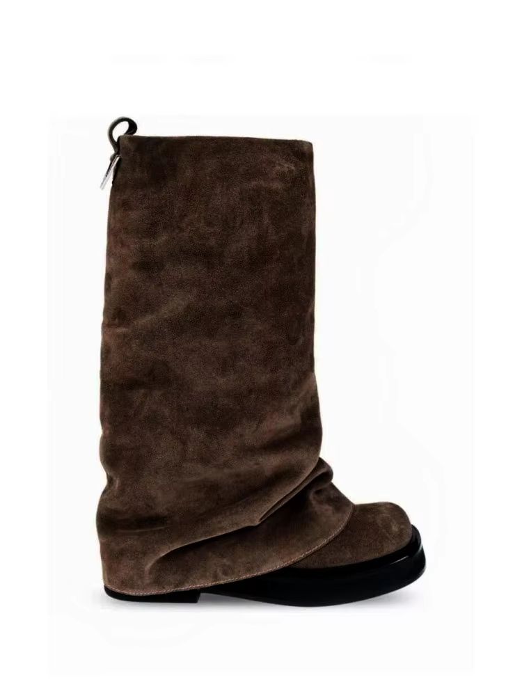 Women's Autumn Winter Calf Boots – Pleated Leather Mid-Leg Design with Thick High Heels