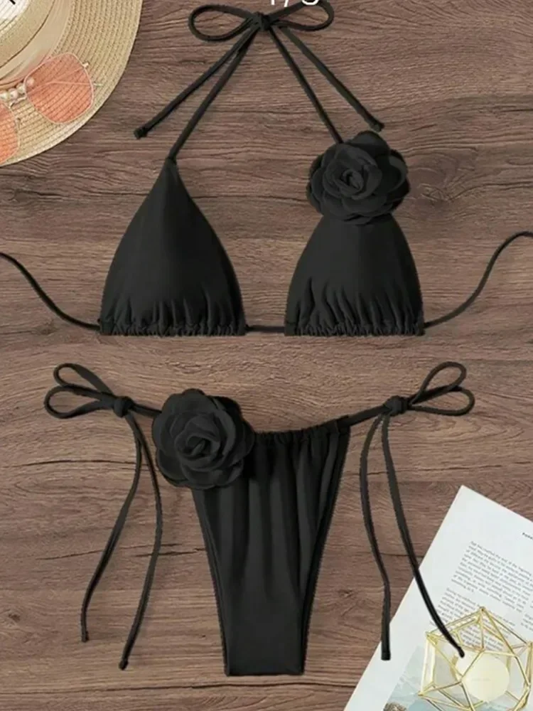 Sexy Flower Bandeau Thong Bikini, Lace-up Swimwear 2025 Women, Brazilian Bikinis Set Mujer, Swimming Bathing Suit